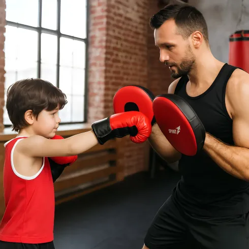 Set Boxe Guantoni 6 oz con Paracolpi 45 mm per Allenamento Rosso