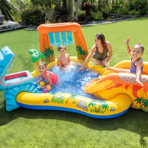Piscina Gonfiabile Bambini Scivolo Canestro Spruzzatori 249x191x109 cm