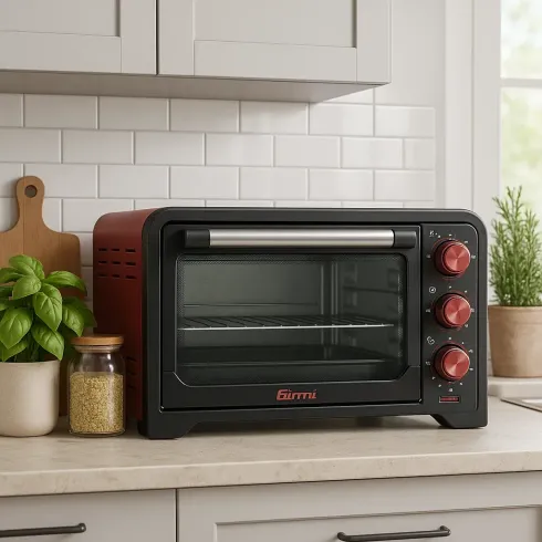 Forno Elettrico Ventilato 1380W Grill Vassoio Griglia Pinza Rosso Nero