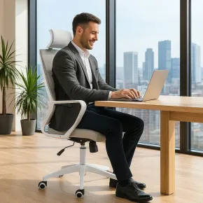 Poltrona Ufficio Ergonomica Bianco con Rete Traspirante e Poggiatesta 2
