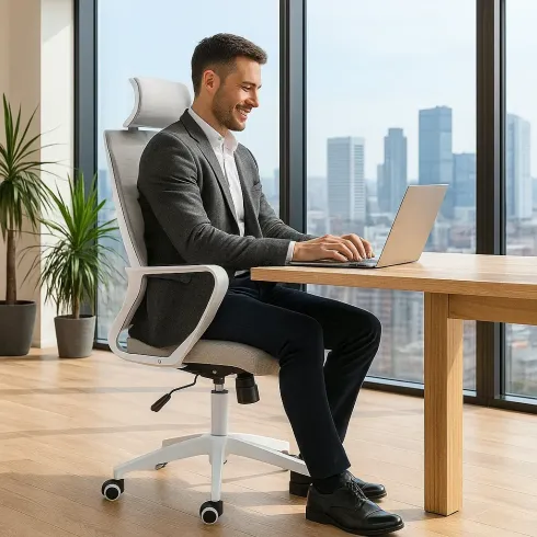 Poltrona Ufficio Ergonomica Bianco con Rete Traspirante e Poggiatesta