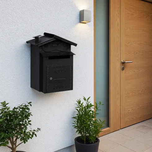 Cassetta Postale Ferro Battuto Nero con Vano Pane e Tetto Apribile