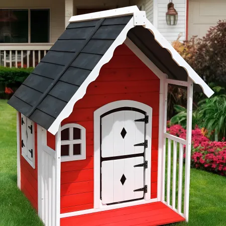 Casetta Legno per Bambini 113x97 cm Rosso con Pavimento da Giardino