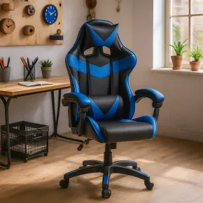 Sedia da Gaming in PVC con Imbottitura Nero e Blu Reclinabile Girevole 2