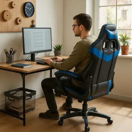 Sedia da Gaming in PVC con Imbottitura Nero e Blu Reclinabile Girevole