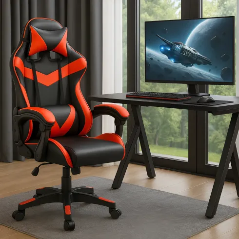 Sedia da Gaming in PVC con Imbottitura Nero e Rosso Reclinabile Girevole