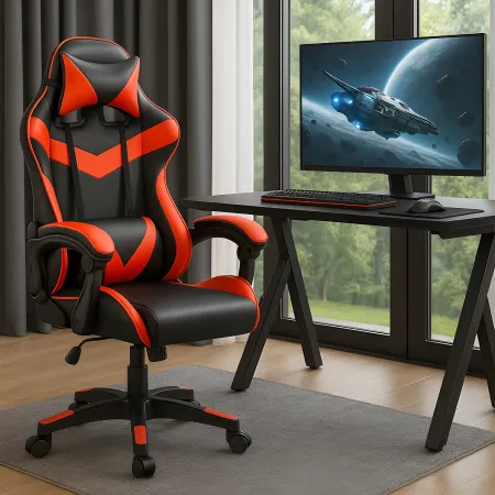 Sedia da Gaming in PVC con Imbottitura Nero e Rosso Reclinabile Girevole