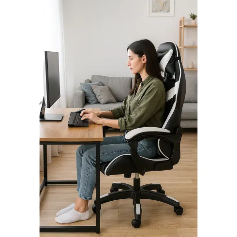 Sedia da Gaming in PVC con Imbottitura Nero e Bianco Reclinabile Girevole