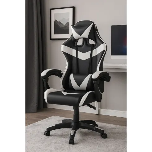 Sedia da Gaming in PVC con Imbottitura Nero e Bianco Reclinabile Girevole