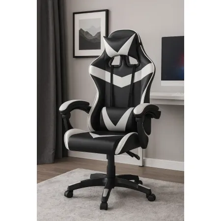 Sedia da Gaming in PVC con Imbottitura Nero e Bianco Reclinabile Girevole