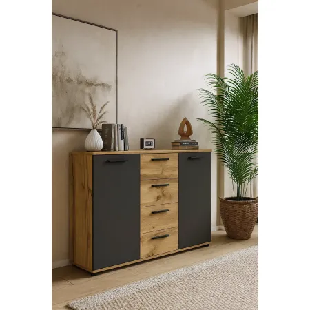 Credenza Salvaspazio 4 Cassetti Rovere Antracite 120x33x85 cm