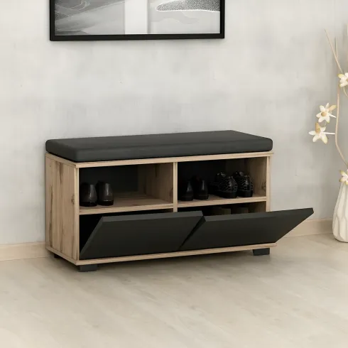 Scarpiera 2 Ante a Ribalta Pouf Contenitore Noce Nero 80x35x42 cm