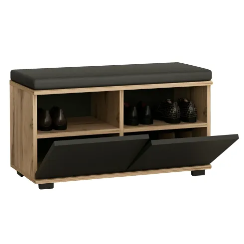 Scarpiera 2 Ante a Ribalta Pouf Contenitore Noce Nero 80x35x42 cm