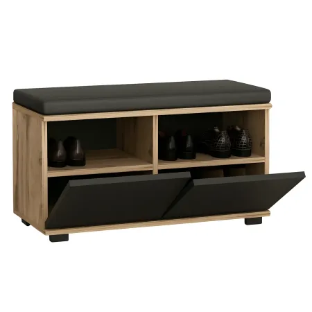 Scarpiera 2 Ante a Ribalta Pouf Contenitore Noce Nero 80x35x42 cm