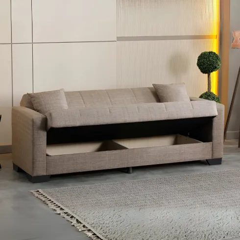 Divano Letto 3 Posti in Tessuto Cammello con Contenitore 213x81x83 cm