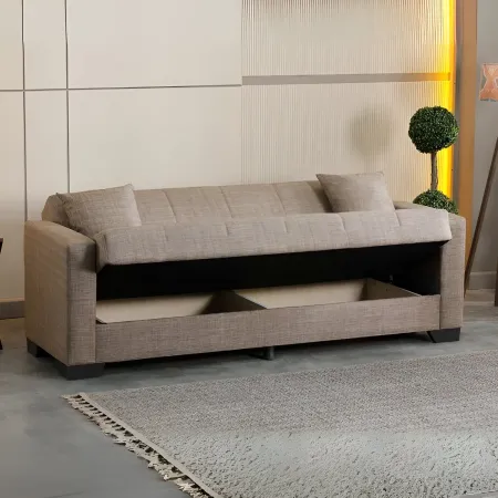 Divano Letto 3 Posti in Tessuto Cammello con Contenitore 213x81x83 cm