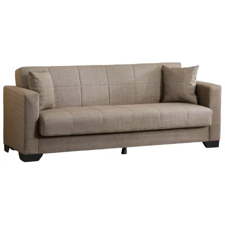 Divano Letto 3 Posti in Tessuto Cammello con Contenitore 213x81x83 cm
