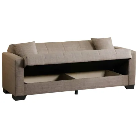 Divano Letto 3 Posti in Tessuto Cammello con Contenitore 213x81x83 cm