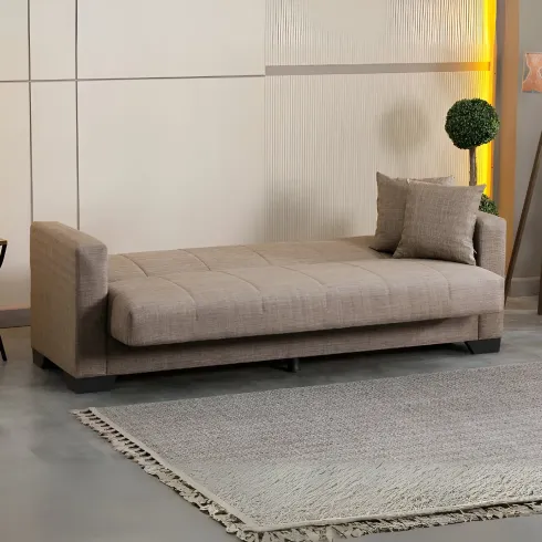 Divano Letto 3 Posti in Tessuto Cammello con Contenitore 213x81x83 cm