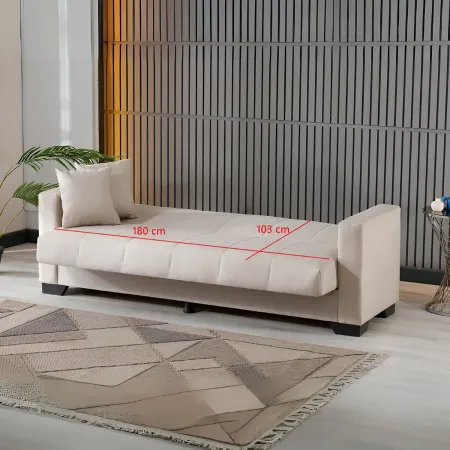 Divano Letto 3 Posti in Tessuto Cammello con Contenitore 213x81x83 cm
