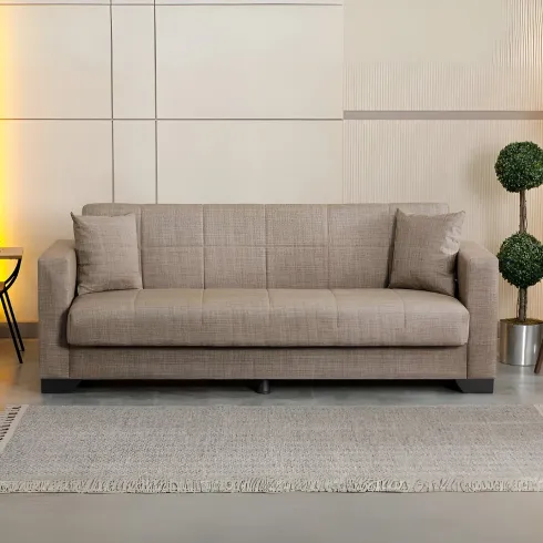 Divano Letto 3 Posti in Tessuto Cammello con Contenitore 213x81x83 cm