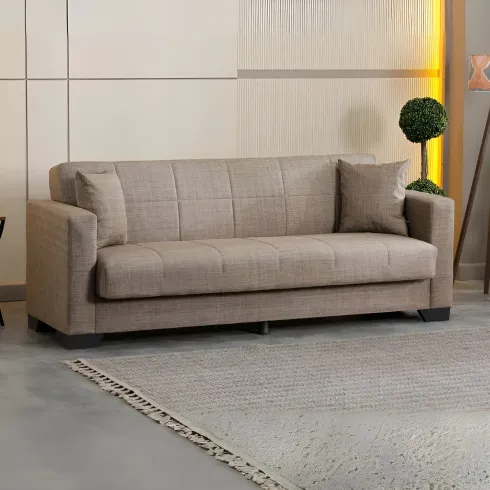 Divano Letto 3 Posti in Tessuto Cammello con Contenitore 213x81x83 cm