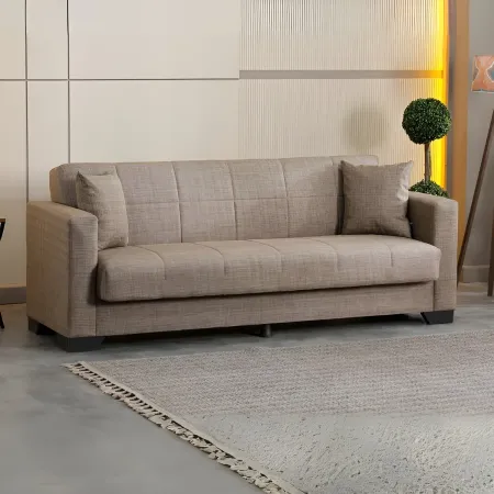 Divano Letto 3 Posti in Tessuto Cammello con Contenitore 213x81x83 cm