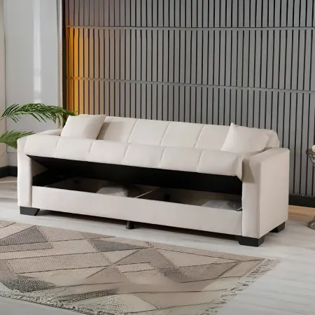 Divano Letto 3 Posti in Tessuto Crema con Contenitore 213x81x83 cm