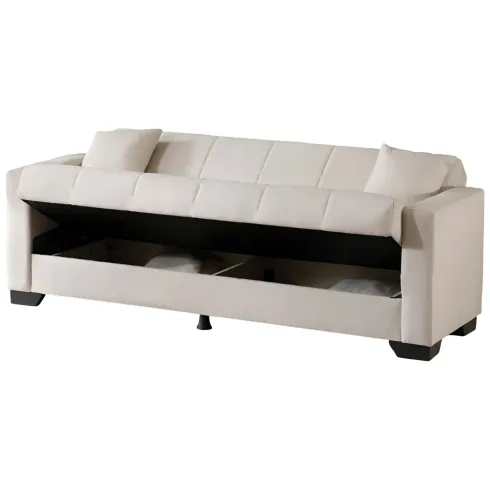 Divano Letto 3 Posti in Tessuto Crema con Contenitore 213x81x83 cm