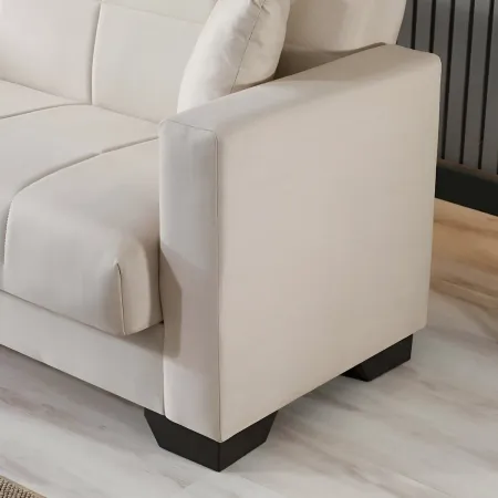 Divano Letto 3 Posti in Tessuto Crema con Contenitore 213x81x83 cm