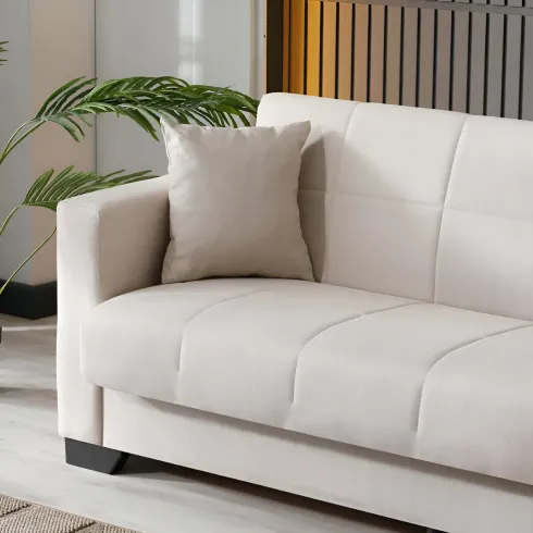 Divano Letto 3 Posti in Tessuto Crema con Contenitore 213x81x83 cm