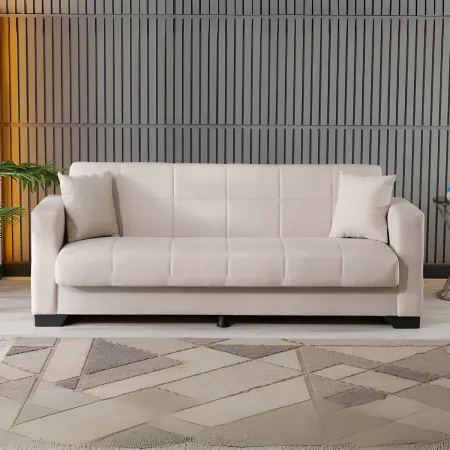 Divano Letto 3 Posti in Tessuto Crema con Contenitore 213x81x83 cm