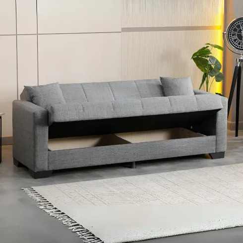 Divano Letto 3 Posti in Tessuto Grigio con Contenitore 213x81x83 cm