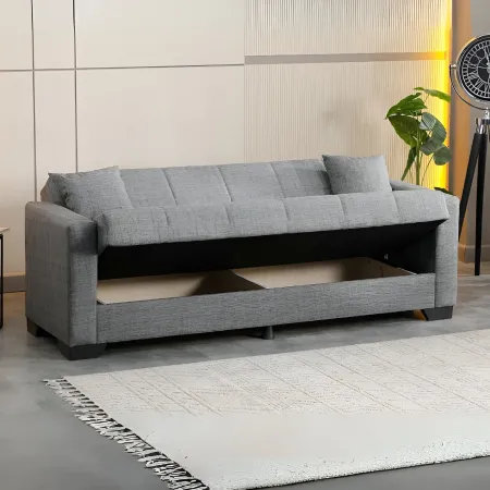 Divano Letto 3 Posti in Tessuto Grigio con Contenitore 213x81x83 cm