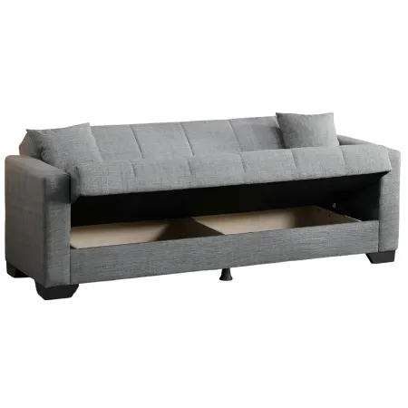 Divano Letto 3 Posti in Tessuto Grigio con Contenitore 213x81x83 cm