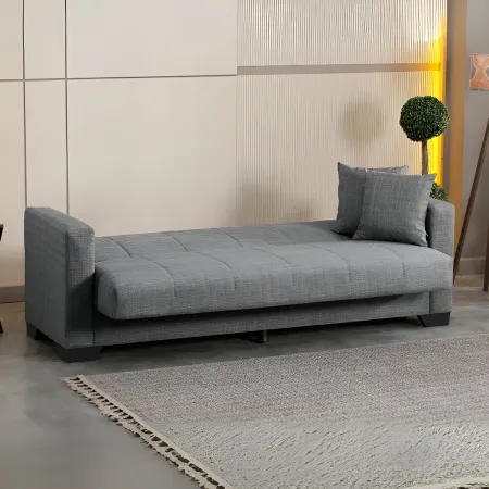 Divano Letto 3 Posti in Tessuto Grigio con Contenitore 213x81x83 cm