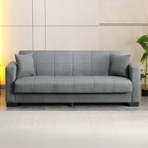 Divano Letto 3 Posti in Tessuto Grigio con Contenitore 213x81x83 cm