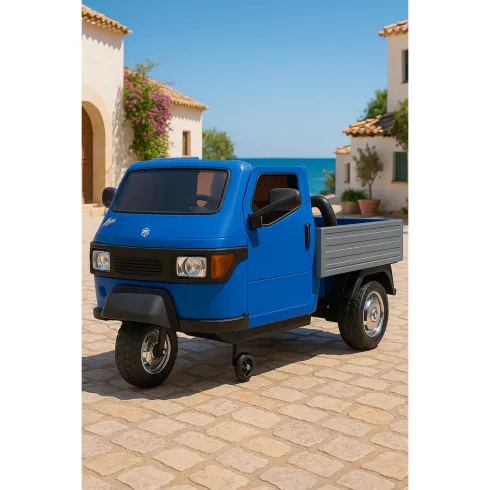 Ape Car Piaggio Elettrica per Bambini Blu con Ruote EVA e Telecomando