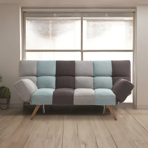 Divano Letto in Tessuto Patchwork 3 Posti con Braccioli Pieghevoli