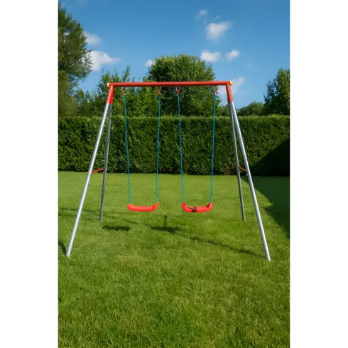 Altalena per Bambini 2 Posti da Esterno 214x165x200 cm Rosso Blu Acciaio