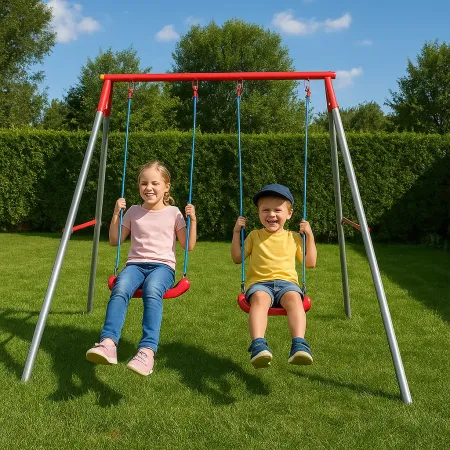 Altalena per Bambini 2 Posti da Esterno 214x165x200 cm Rosso Blu Acciaio