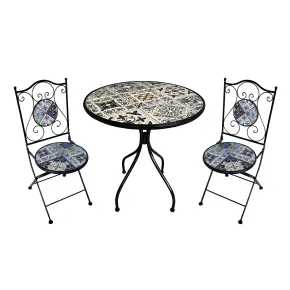 Set Tavolo Ø 60 cm con 2 Sedie Pieghevoli da Giardino Beige Azzurro