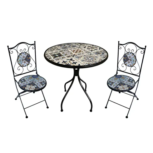 Set Tavolo Ø 60 cm con 2 Sedie Pieghevoli da Giardino Beige Azzurro