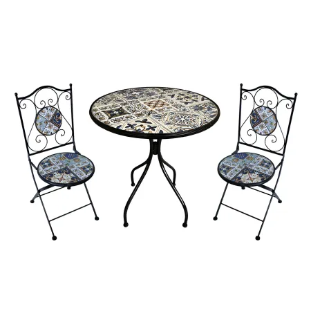 Set Tavolo Ø 60 cm con 2 Sedie Pieghevoli da Giardino Beige Azzurro