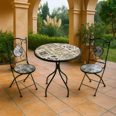 Set Tavolo Ø 60 cm con 2 Sedie Pieghevoli da Giardino Beige Azzurro