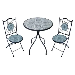 Set Tavolo Ø 60 cm con 2 Sedie Pieghevoli da Giardino Bianco Azzurro