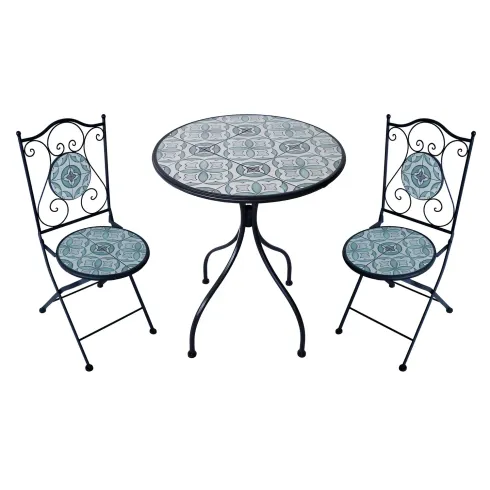 Set Tavolo Ø 60 cm con 2 Sedie Pieghevoli da Giardino Bianco Azzurro