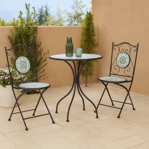 Set Tavolo Ø 60 cm con 2 Sedie Pieghevoli da Giardino Bianco Azzurro