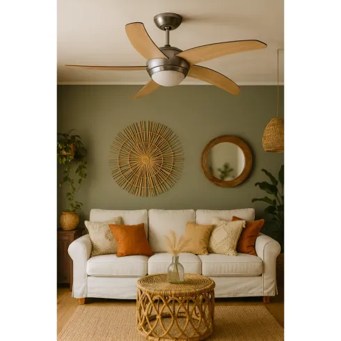 Ventilatore da Soffitto 5 Pale in Legno Ø132 cm Luce e Telecomando 60W