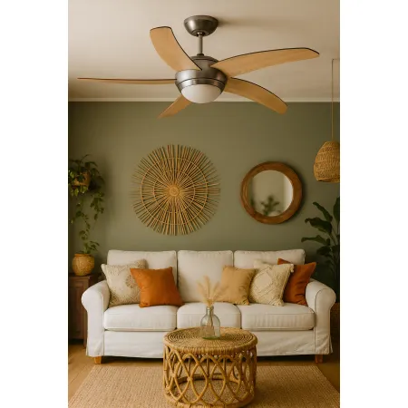 Ventilatore da Soffitto 5 Pale in Legno Ø132 cm Luce e Telecomando 60W